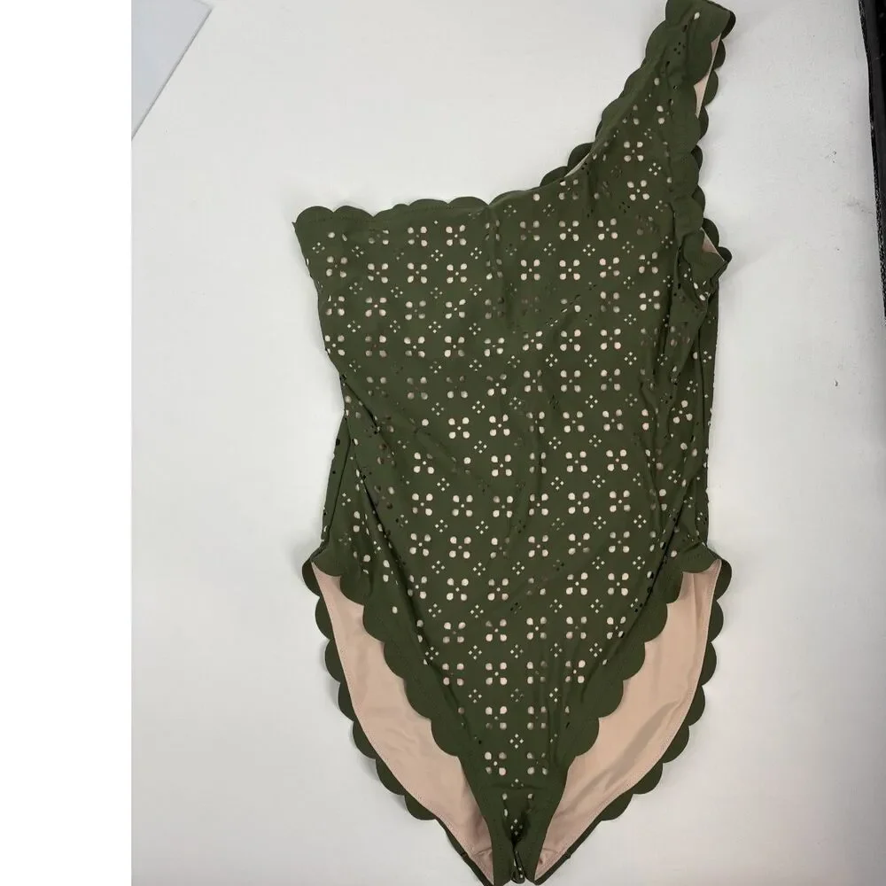 One Shoulder One Piece Olive Green Scallop Trim Swimsuit